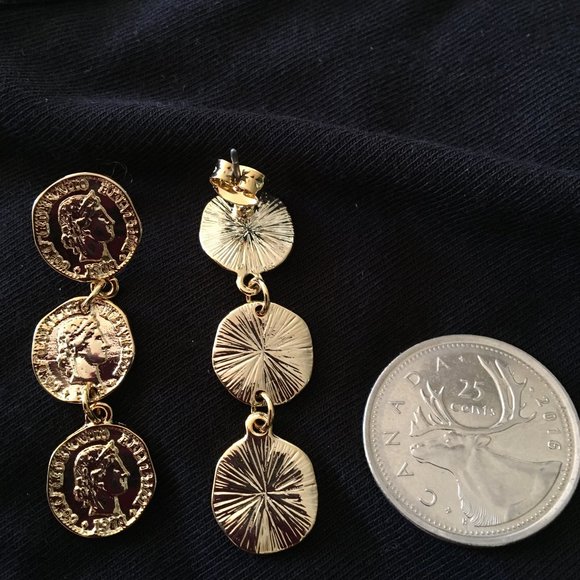 Dangle coin gold tone stud earrings - Picture 2 of 3